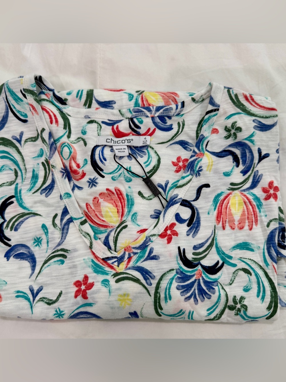 Chico's White V-Neck Tee with Multicolor Floral Print